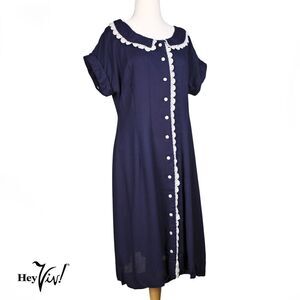 Vintage Lane Bryant Dress Navy Blue w White Lace Trim Size L B36 W34 - Hey Viv